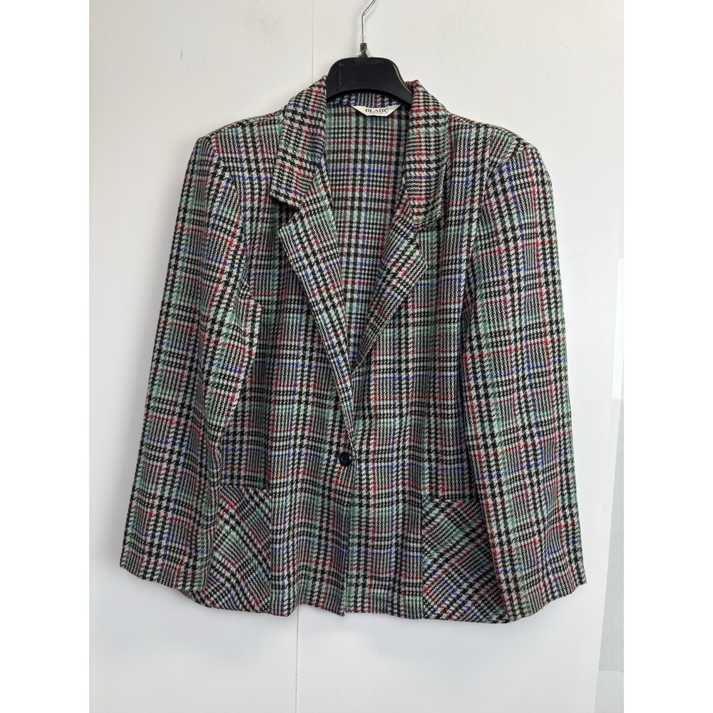 Vintage Blair Blazer Womens 16 Colorful Plaid Wool Blend Jacket Coat Made In USA